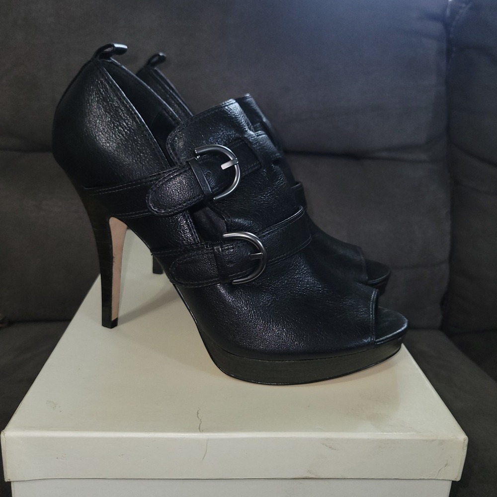 Coach Q643 Alexia Black Leather Peep Toe Platform Stiletto Booties 9.5M